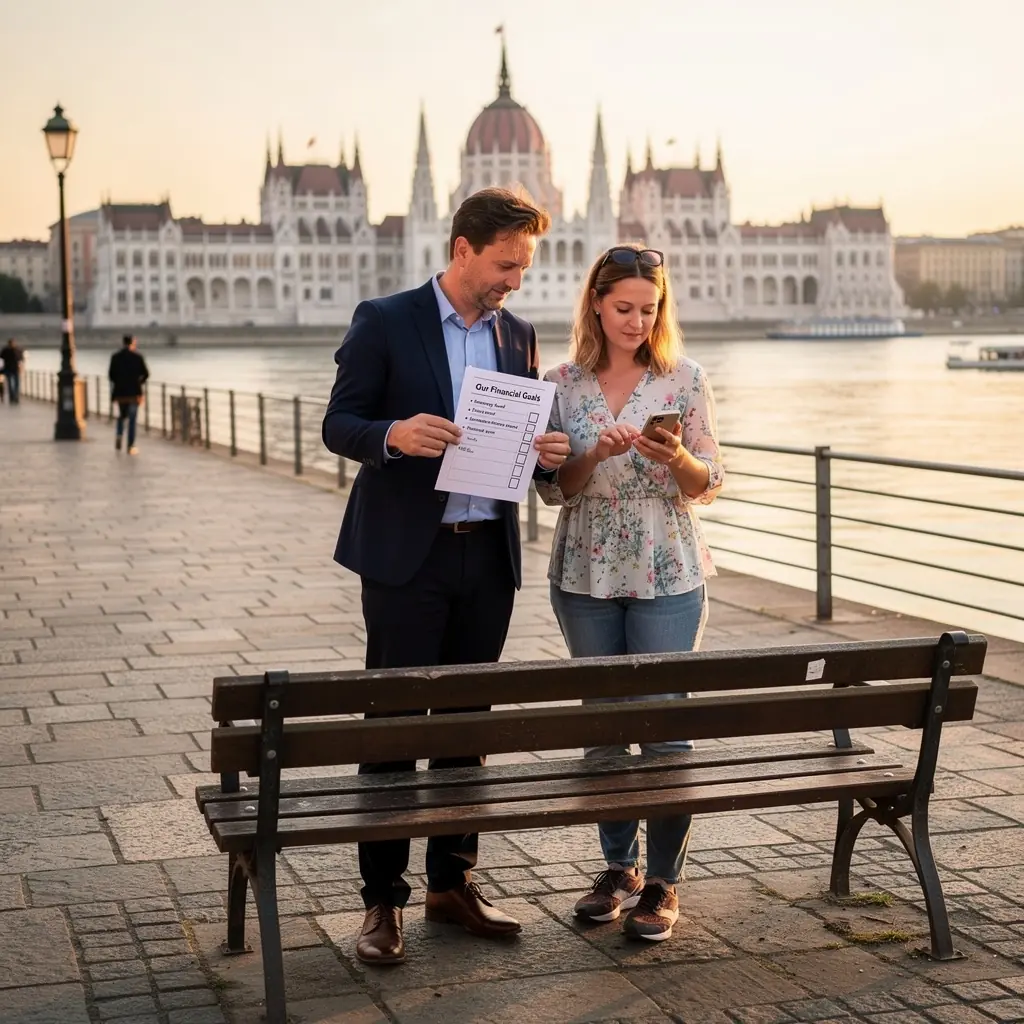 Családi költségvetés tervezése egy íróasztalon, körülötte pénzügyi dokumentumokkal.